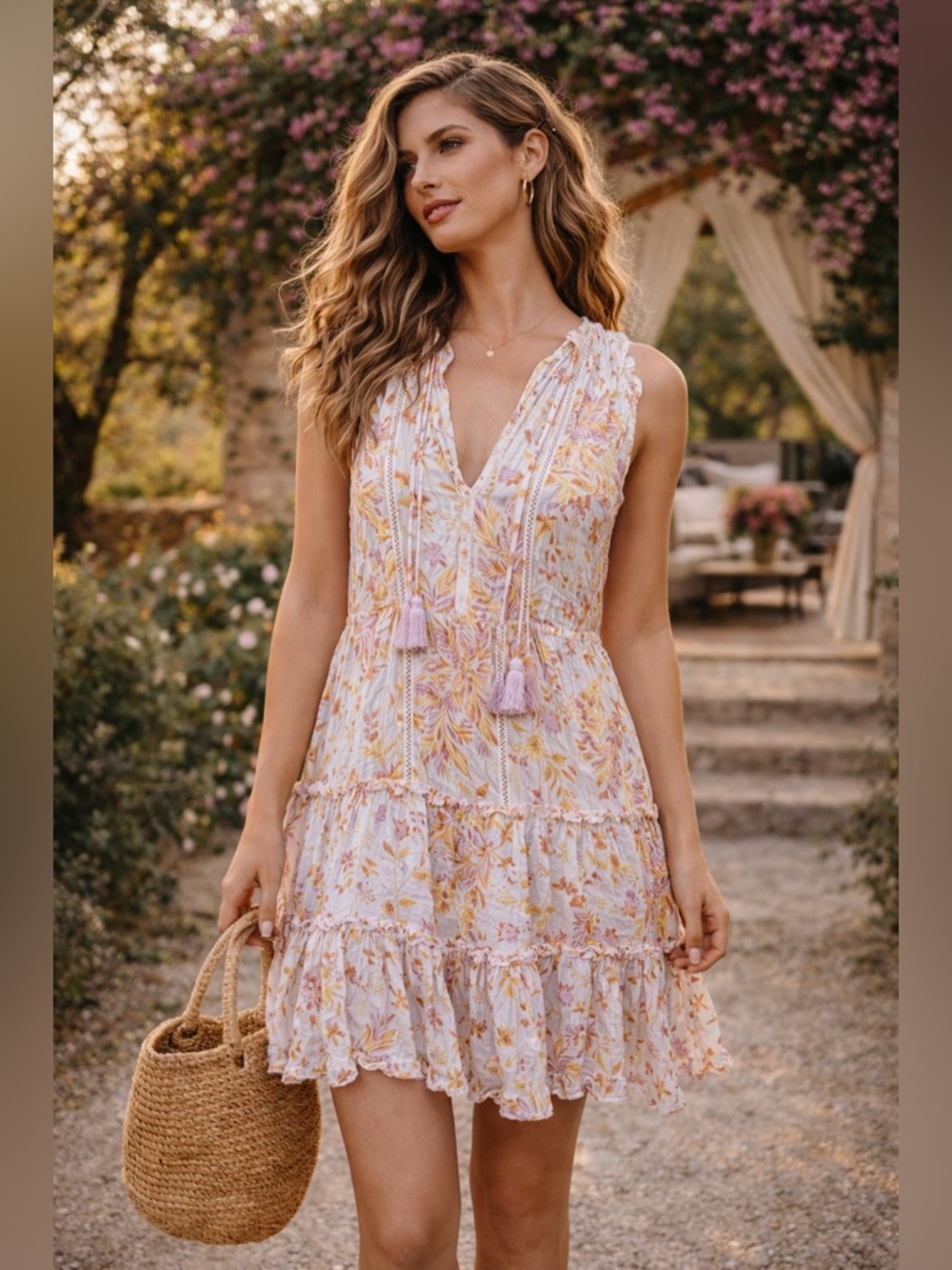 Poupette St Barth Clara Cream Floral Sleeveless V-Neck Mini Dress Small